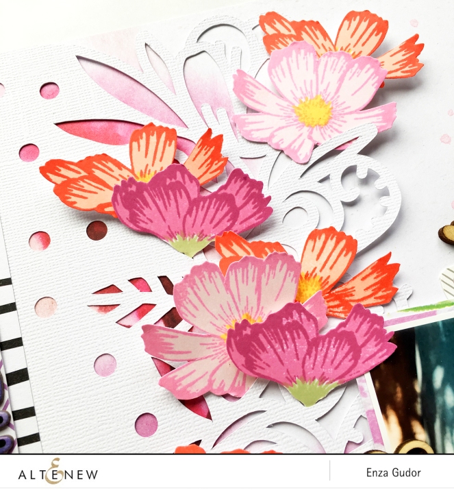 Scrapbook layout for @Altenew by @enzamg featuring Stunning Cosmos stamp set.